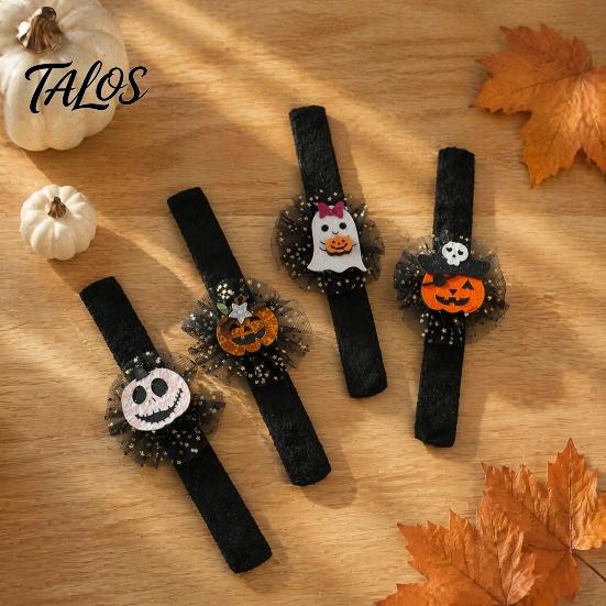 Assorted Pattern Slap Bands Stuffed Halloween Bracelets for Kids, Plush Pumpkin Ghost Skull Cute Wrist Velvet Wristband Party Favors Band with Sequin