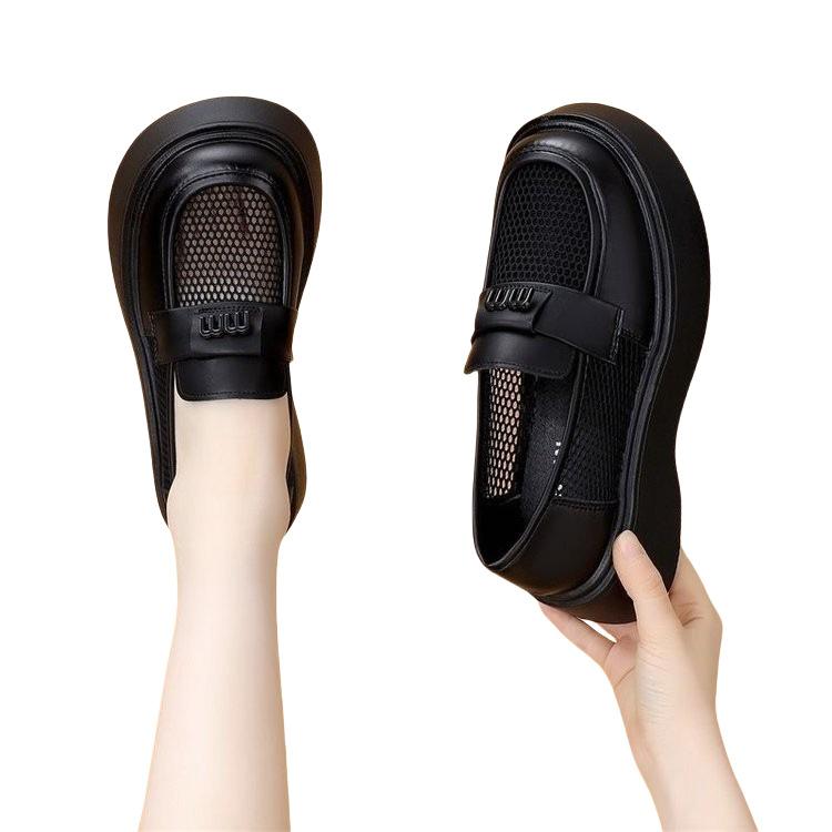 Thick-soled soft leather mesh loafers women's 2025 new hollow summer breathable British one-pedal mesh cool leather shoes