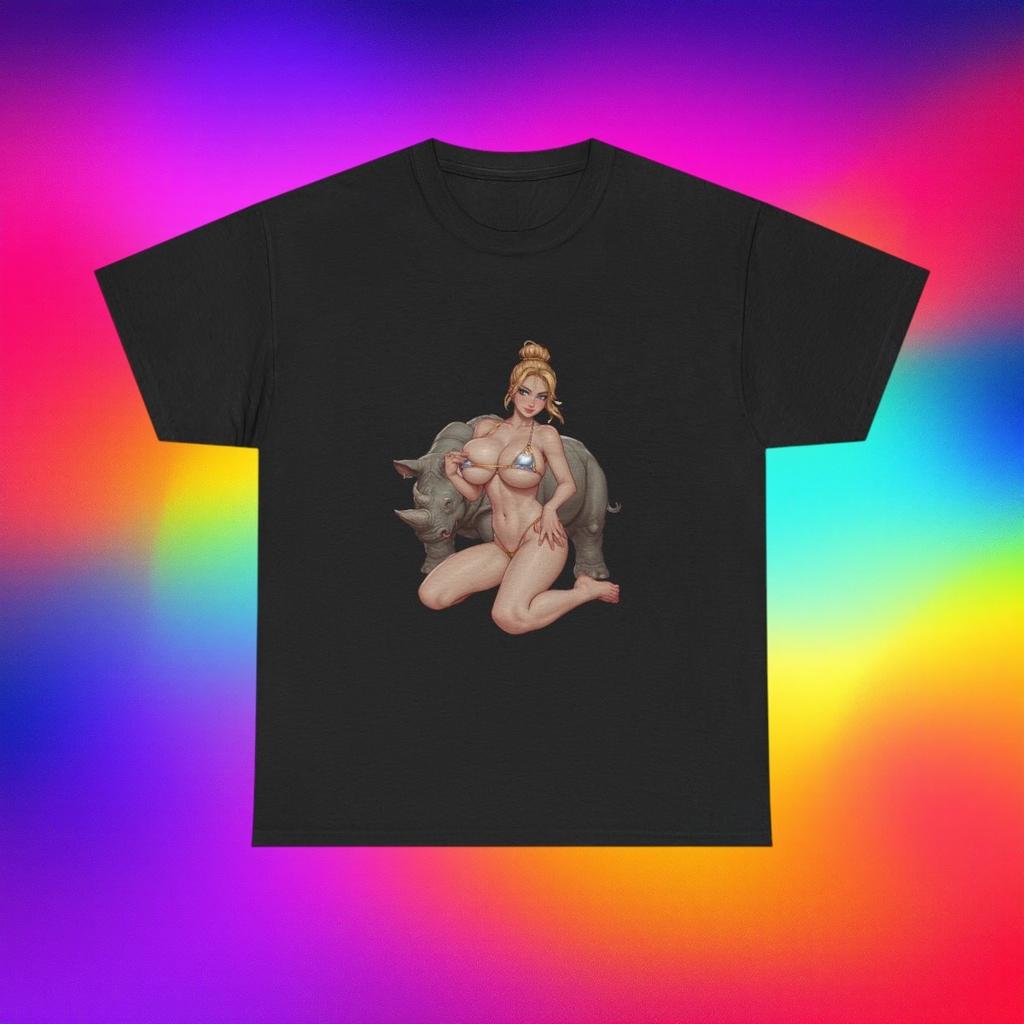 Retro Pinup Girl with Rhino Bikini T-Shirt | Vintage Pinup Cheesecake Tee