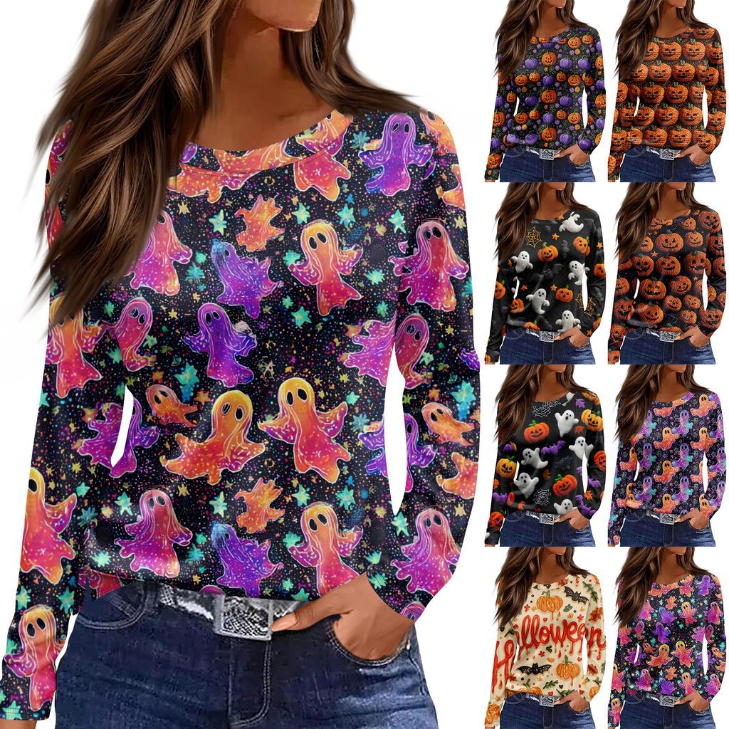 Mote Casual Langermet Trykk Rund Hals Pullover Topp Bluse for Kvinner