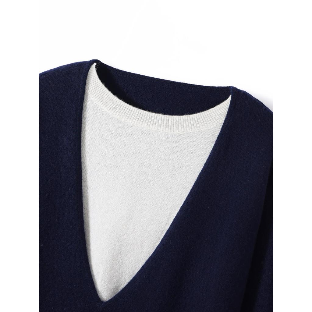 35% Cashmere Women's Color Block Faux Layered Korean Style Pullover Sweater