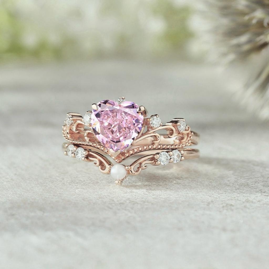 Luxury New Rose Gold Crown Ring, Inlaid with Pink Love Zircon Ring European Beautiful Women Jewelry