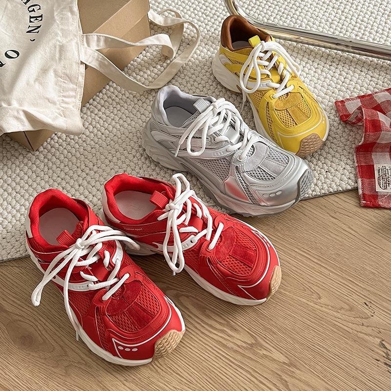 Thick-soled Color Matching Retro Mesh Dad Shoes Women's Shoes New Laces Show Feet Small Round Head Sports and Leisure Shoes