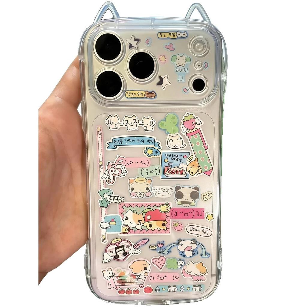 Cute Korean cartoon illustration for Apple 16/17Pro mobile phone case IP15 fine hole 14 transparent cat ears 13