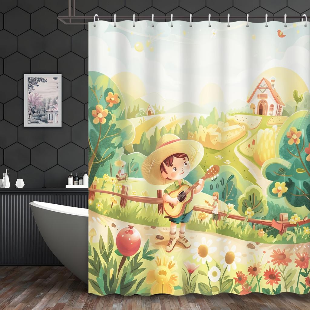 Shower Curtain: Whimsical Boy Playing Guitar in a Scenic Village for a Cheerful and Playful Bathroom Decor