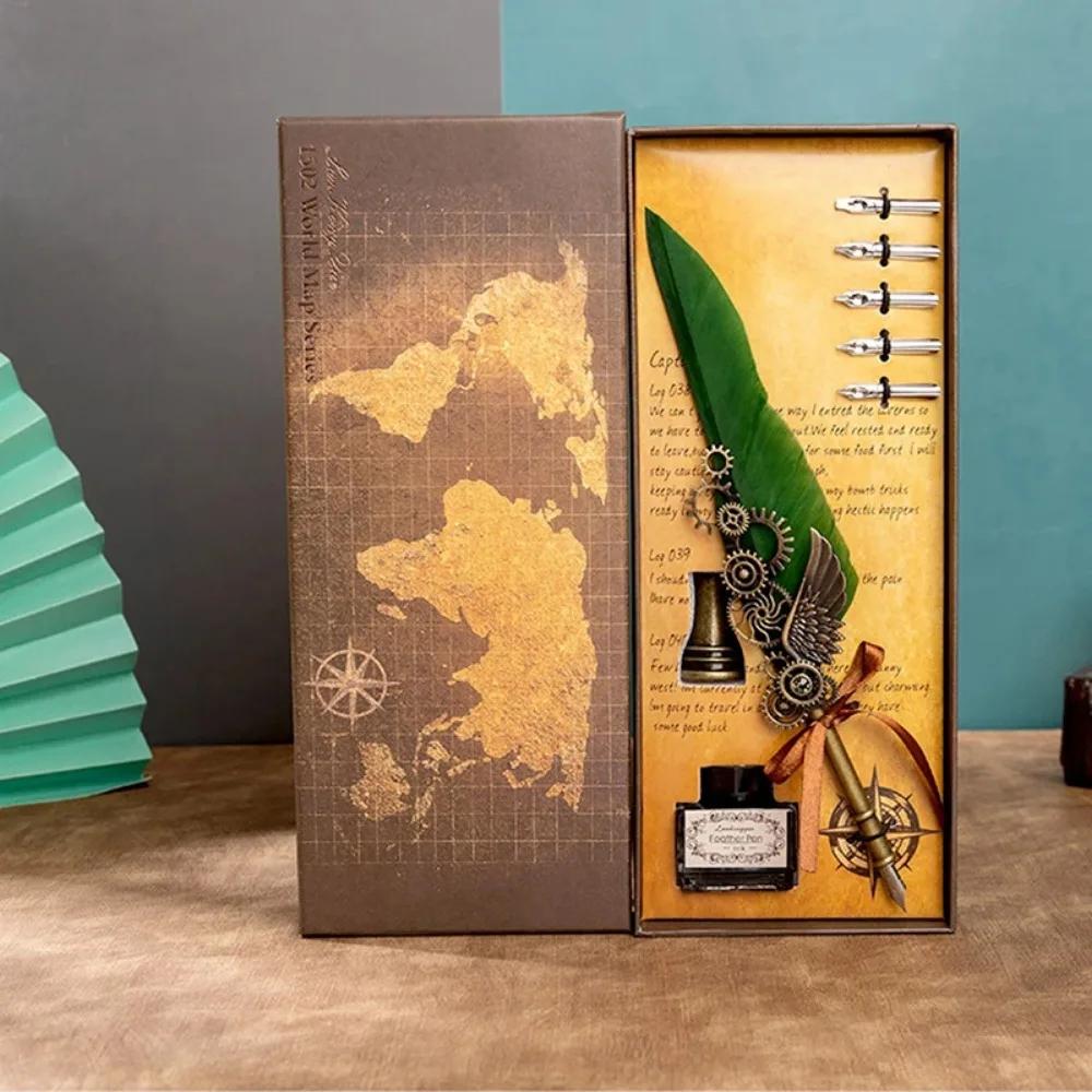 Map with Base Mechanical Wings Dipped In Water Pen Creative Birthday Holiday Gift Set Business Gifts Antique Feather Dip Pen