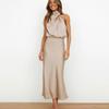Elegant Women Summer Halter Sleeveless Long A-Line High Waist Solid Color Evening Dresses