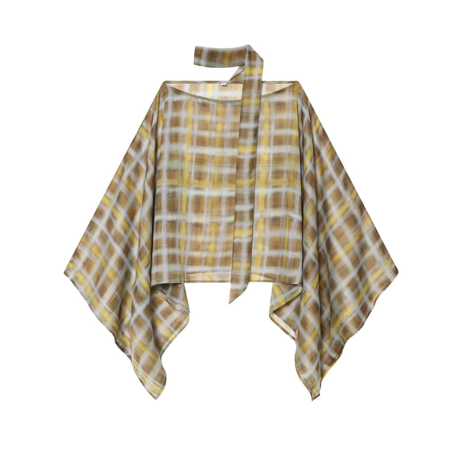

2025 Women s Fashionable Plaid Scarf Cape Top Small (S) как