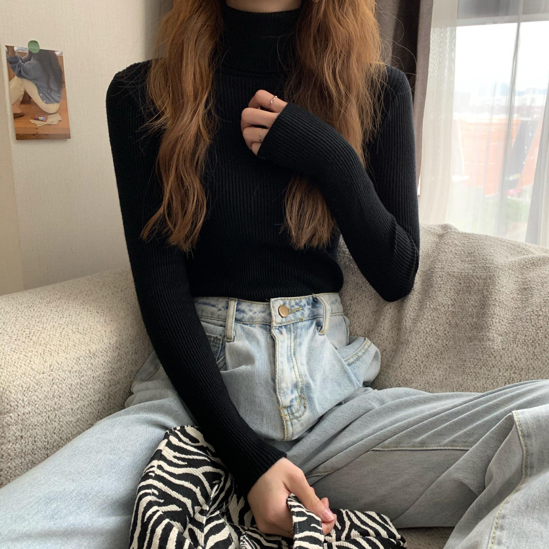 

2023 Разноцветный трикотажный свитер с высоким воротником: Универсальный лонгслив для осени и зимы. One Size