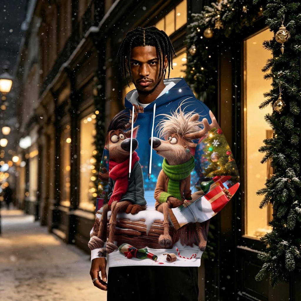 Men's Christmas Print Trendy -Lined Pullover Hoodie Long Sleeve Sweatshirt