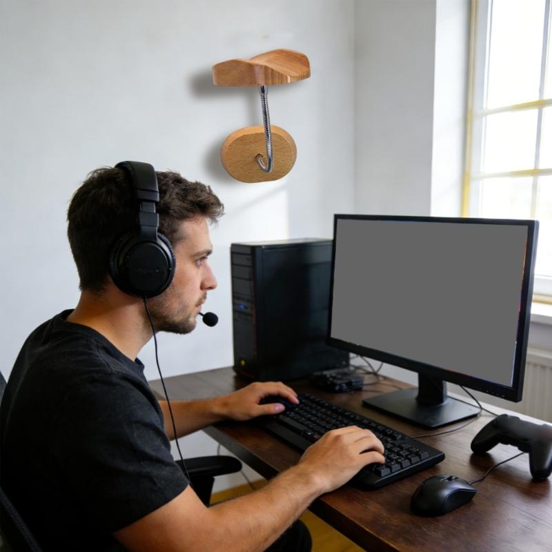Adjustable Wood And Aluminum Alloy Headphone Stand Space Efficient Wall Mount Design Display Shelf Organiser