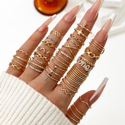 30 Stück/Set Boho Goldfarbene Welle Stern Ringe Set Für Frauen Vintage Geometrische Strass Stein Fingerringe Weiblicher Trendiger Schmuck Geschenk