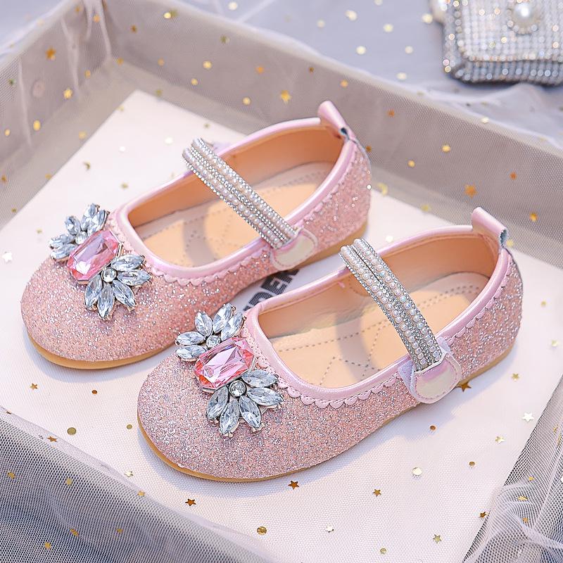 Girls' Rhinestone Princess Shoes: New 2025 Spring/Autumn Round-Toe Soft-Sole Shoes for Toddlers Ages 3-12, Perfect for Performances.