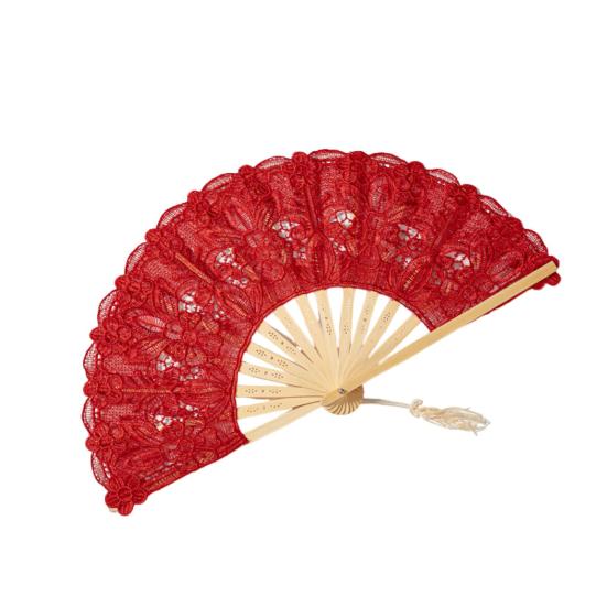 

Мереживний складаний віяло з китицею, ажурними ребрами, вінтажний, для європейських танцювальних виступів, вечірок червоний