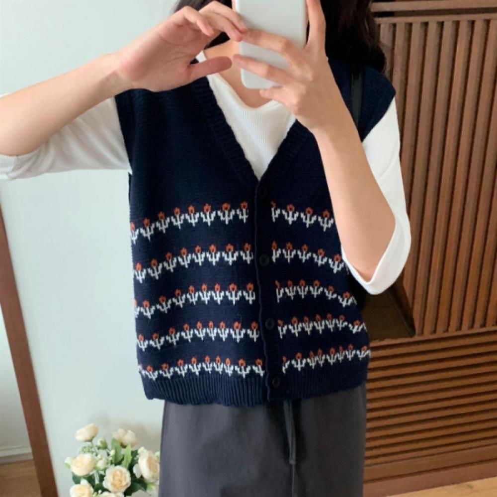 New ArriValS Open Run Women S WaVe V Neck Button Color Block Pattern Knit VeSt