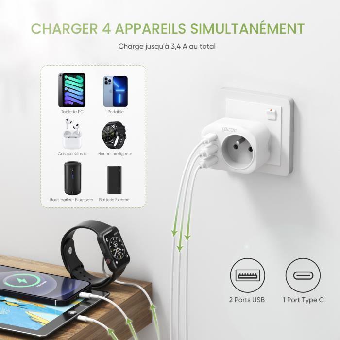 Lencent adaptateur prise australie/chine/argentine/au,4 en 1 -2 usb +1 type-c + 1 ac,pour france vers les pays des prises de type i