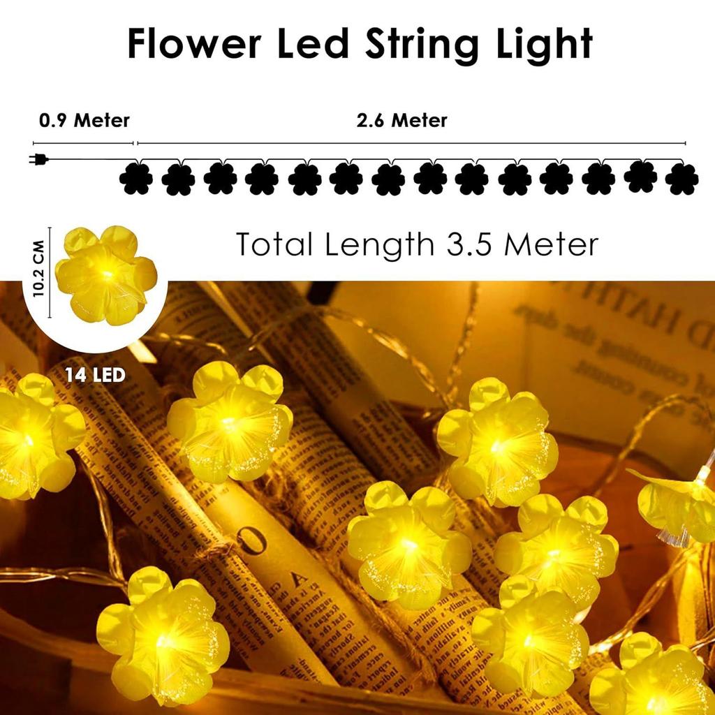Serial String Lights - 14 LED Optic Fibre Flower, 10 Feet Warm White Fairy Lights for Home,Mandir,Pooja Room,Deepawali & Diwali Decoration,Christmas