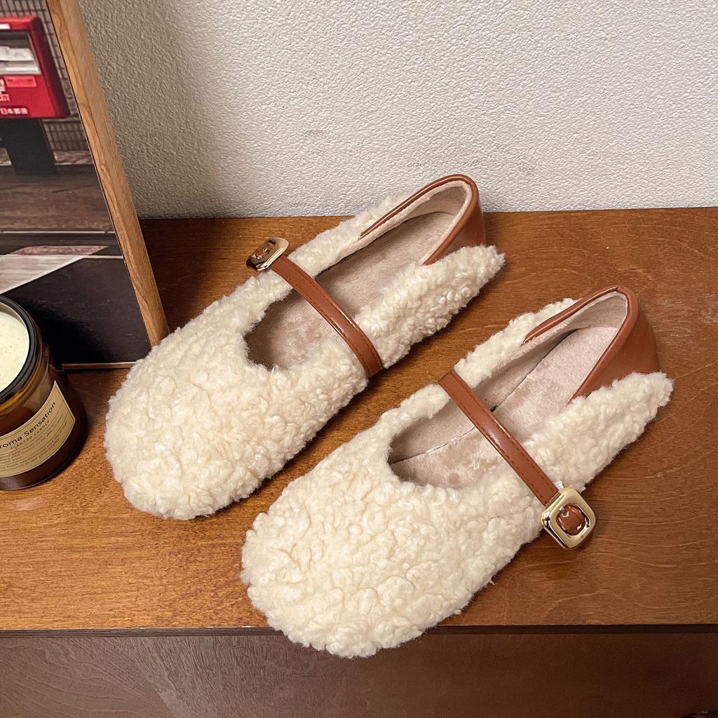 Wear velvet Mary Jane shoes, shallow-mouth fluffy shoes, lazy people pedal soft-soled Doudou shoes, women's 2025 autumn and winter