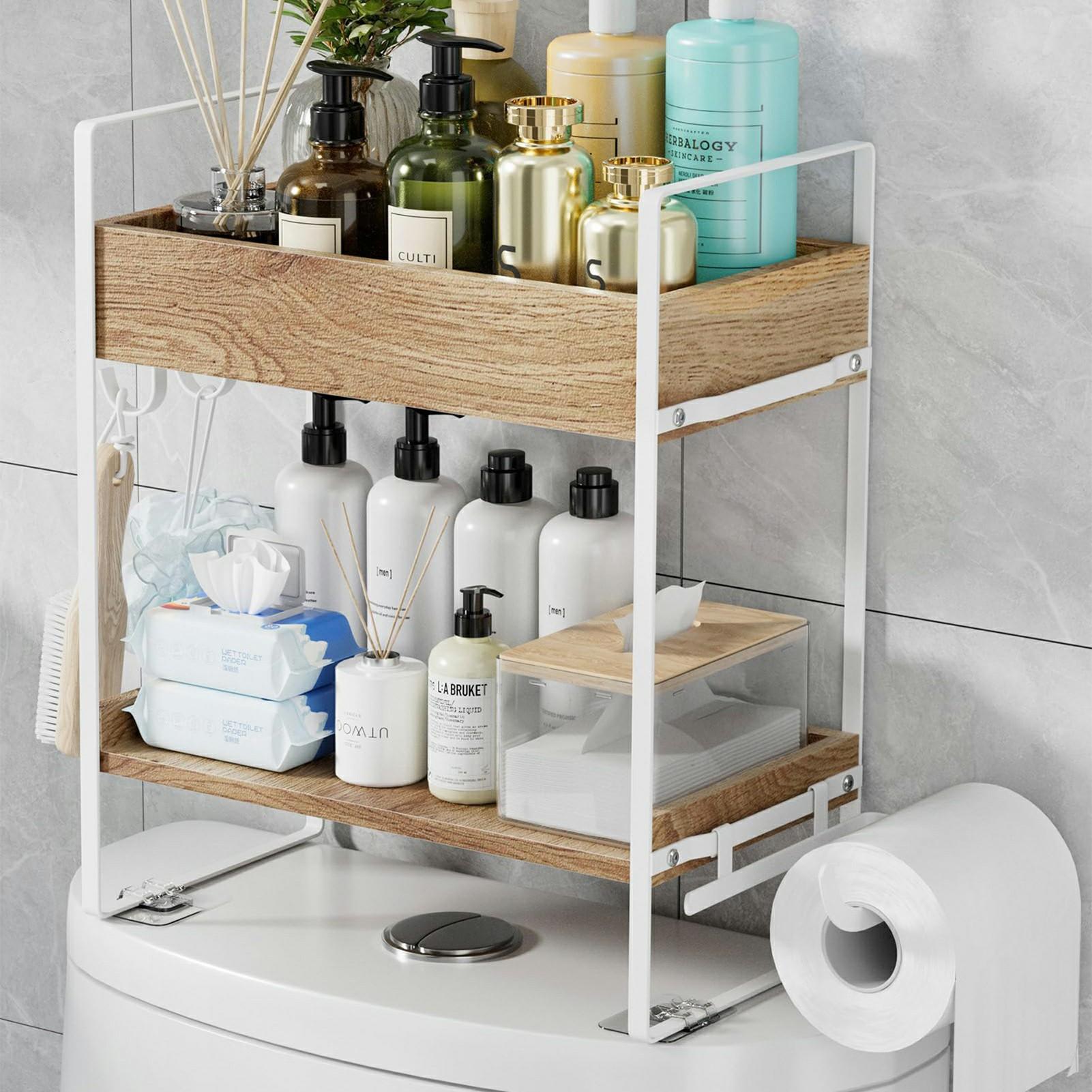 Multipurpose Over Toilet Storage Rack 2 Tiers Bathroom Organizer Shelf with Hooks A
