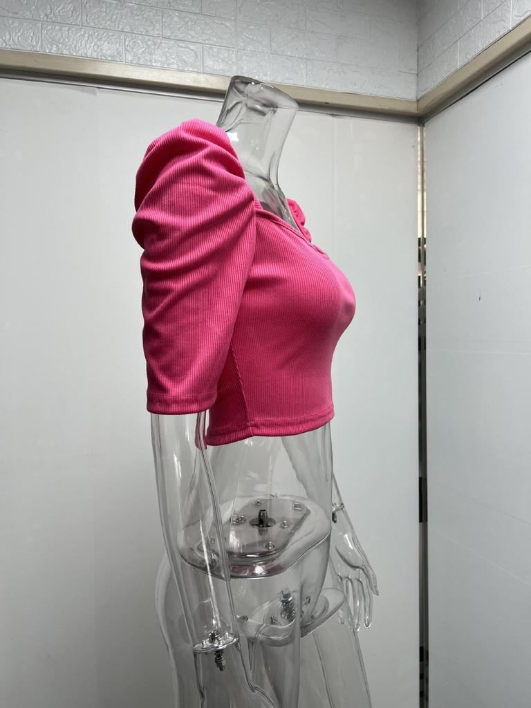 Women's Spring New Women's Simple Square Neck Puff Sleeve Top Women's Short Sleeve