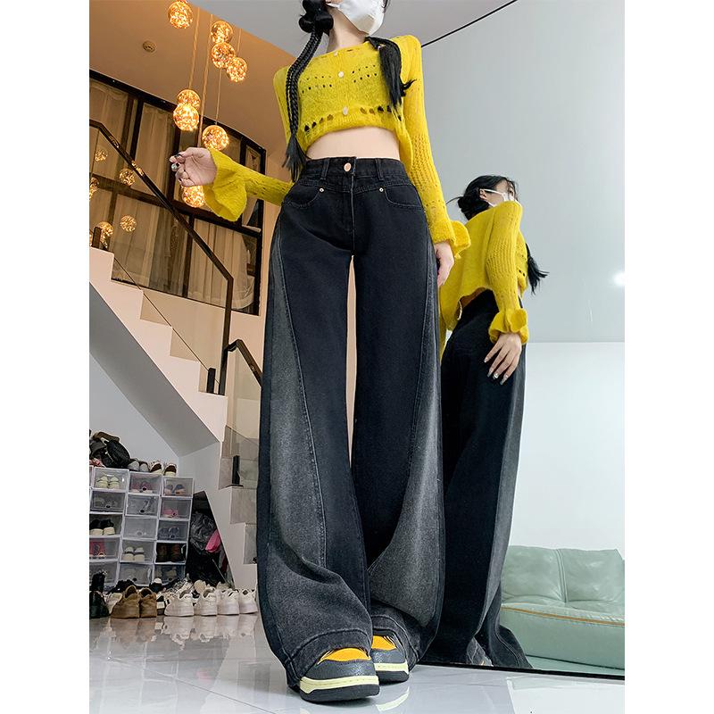 

Женские джинсы больших размеров с высокой талией и цветными блоками, Осень 2024 - Широкие штанины, Свободные, Стройнящие, Американский прямой крой. S