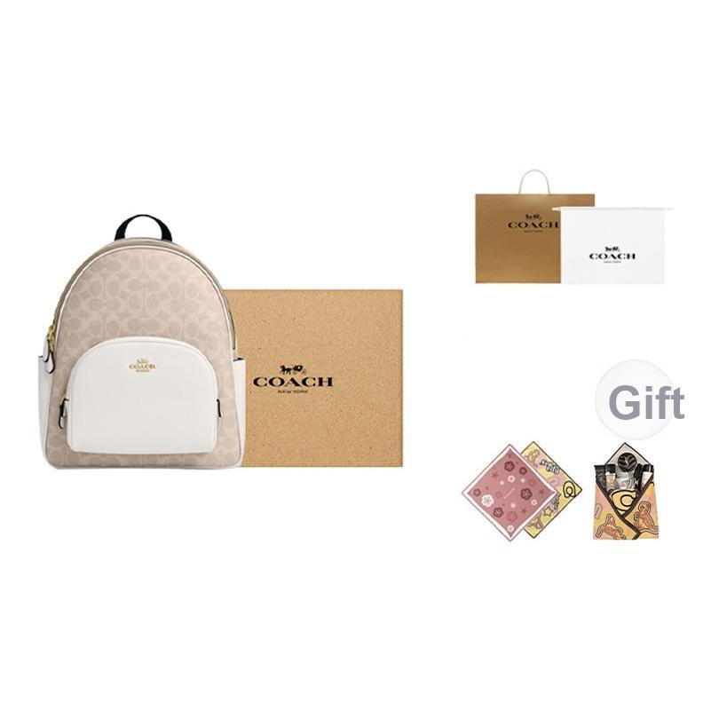 Coach Court 27 Logo Reißverschluss Beschichtetes Canvas Rucksack Großer Damenrucksack Gold Sand Kreide CZ176-IMXDM