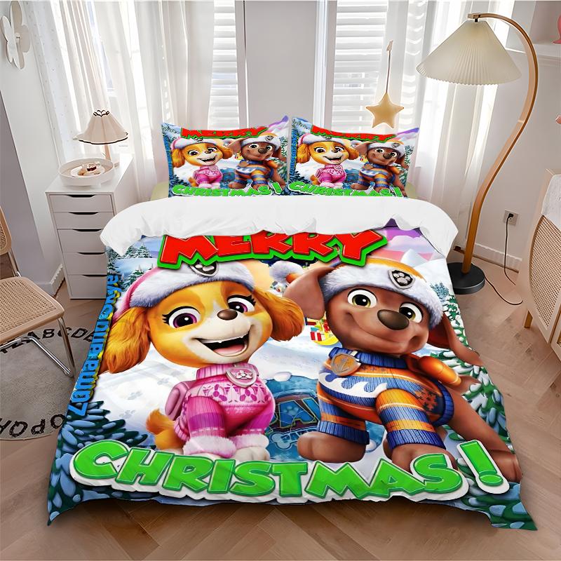 3Pcs Paw Patrol Christmas Bedding Set Quilt Cover Pillowcase Home Christmas Halloween Gift 1 Duvet Cover 2 Pillowcase S1429