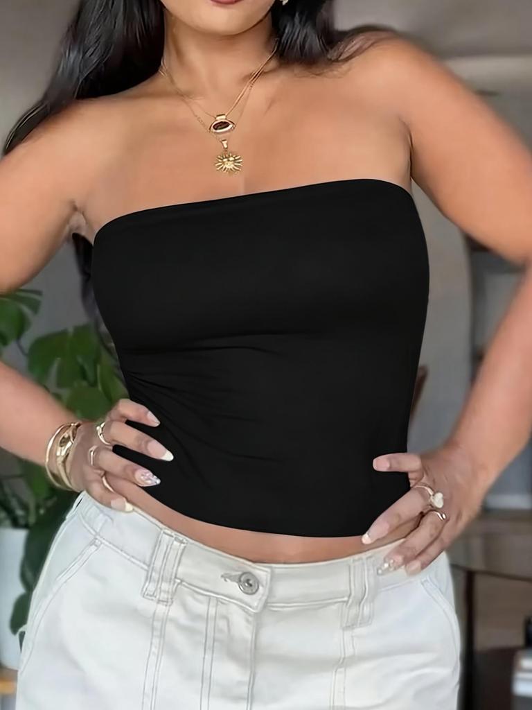 Plus Size Strapless Slim-Fit Tank Top - Solid Color