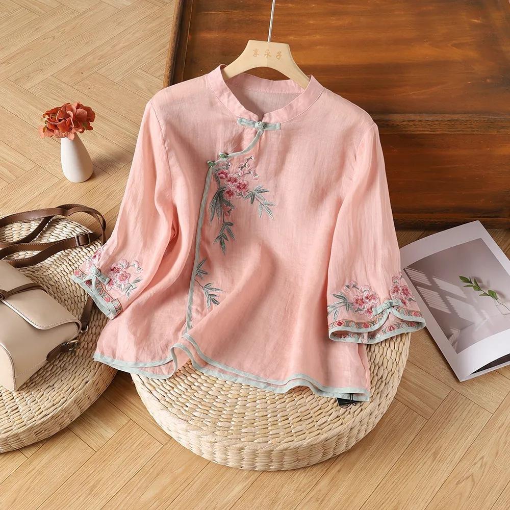 Summer New Retro Buckle Stand-up Collar Diagonal Placket Ethnic Style Embroidered Cotton and Linen Seven-quarter-sleeved Shirt Top Women