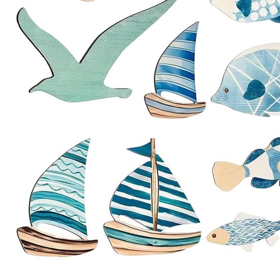 9 Pcs Beach Wooden Wall Decor Coastal Ocean Style Wall Art Rustic Fish Seagull Sailboat Hanging Sculpture for Lake House Home Bedroom