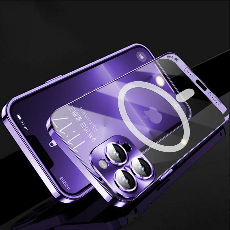 Luxusní pouzdro na telefon s magnetickým kovovým rámem pro iPhone 14 13 12 Pro Max Full Lens Glass Cover Matný průhledný zadní kryt