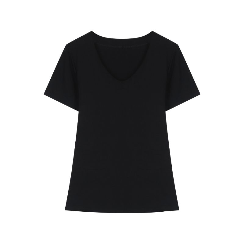 Niche Style V-neck Shoulder Silm Short Sleeve Waist-Controlled Gray T-Shirt