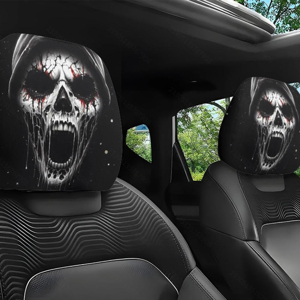 

2 шт. Універсальний чохол на сидіння автомобіля Чорний візерунок черепа Підголівник сидіння автомобіля Чохол на підголівник автомобіля Хелловін 3