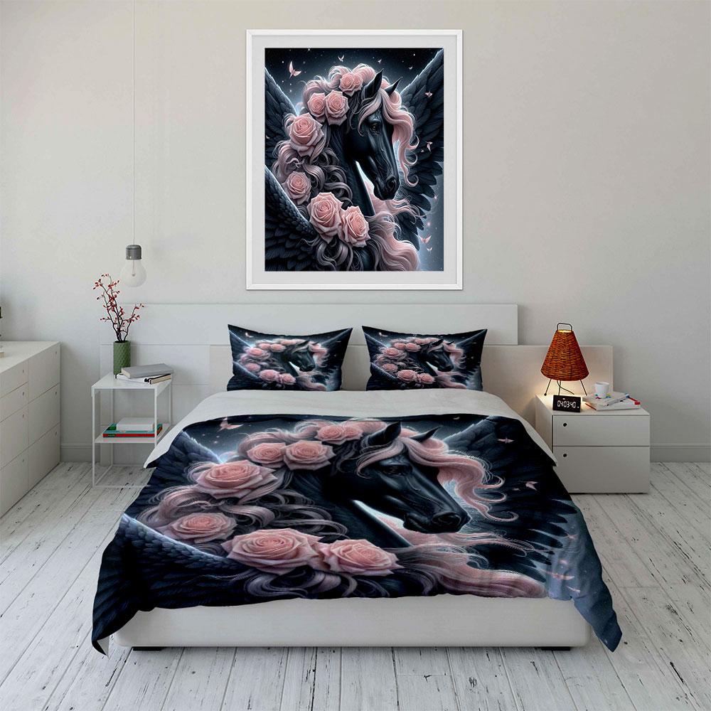 "Elegant Pegasus Rose Art Decor" Soft Skin-Friendly Bedding Set Includes 1 Duvet Cover And 2 Pillowcase Gift