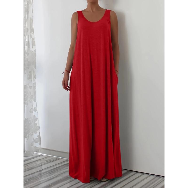 Damenkleid Sommer Einfarbig Übergröße Strand Langkleid Lässig Seitentasche Ärmelloses Kleid