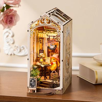 Robotime Rolife Book Nook Kits Holiday Cafe DIY Booknook with Lights Miniature House Kit 3D Wooden Puzzle Bookshelf Gift TGB15