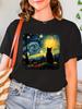 Van Gogh Starry Night Cat Print Tshirt WoHarajuku Short Sleeve Casual Womens Tshirt Clothing Street Aesthetic Clothes