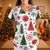 Women's Christmas Print Short Sleeve V-Neck Loose Fit Caregiver Uniform with Pockets
