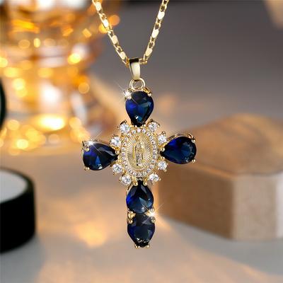 Female Crystal Blue Black White Zircon Stone Pendant Necklace Vintage Big Cross Gold Color Wedding  For Women