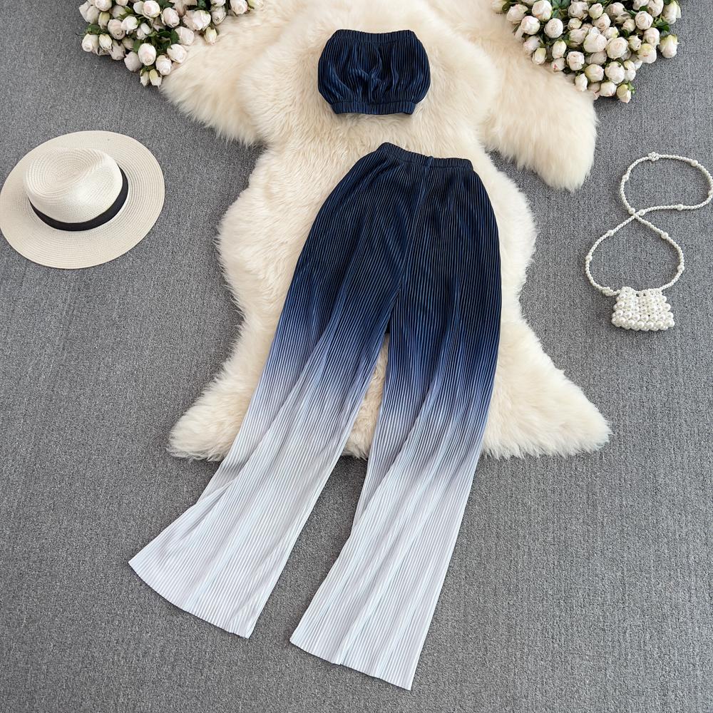 RUGOD 2022 Modeanzug Damen Sexy Tube Top Zweiteiliger Anzug mit hoher Taille Drapieren Lässige Farbverlaufsfarbe Gerade Hose mit weitem Bein