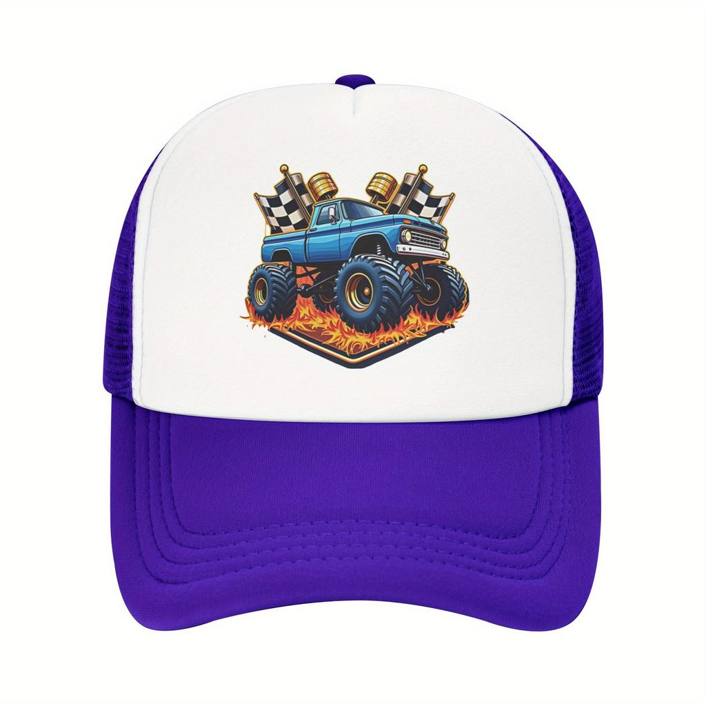 Boné Trucker com Chamas de Monster Truck e Bandeiras Quadriculadas, Tela Respirável, Boné de Basebol para Fãs de Automobilismo