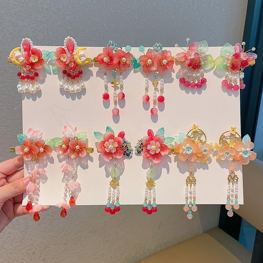 1 Pair Double Clip Hanfu Hair Clips Vibrant Color Floral Tassel Pearl Bunny Hair Clips Secure Grip Delicate Craft Fairy Hairpins