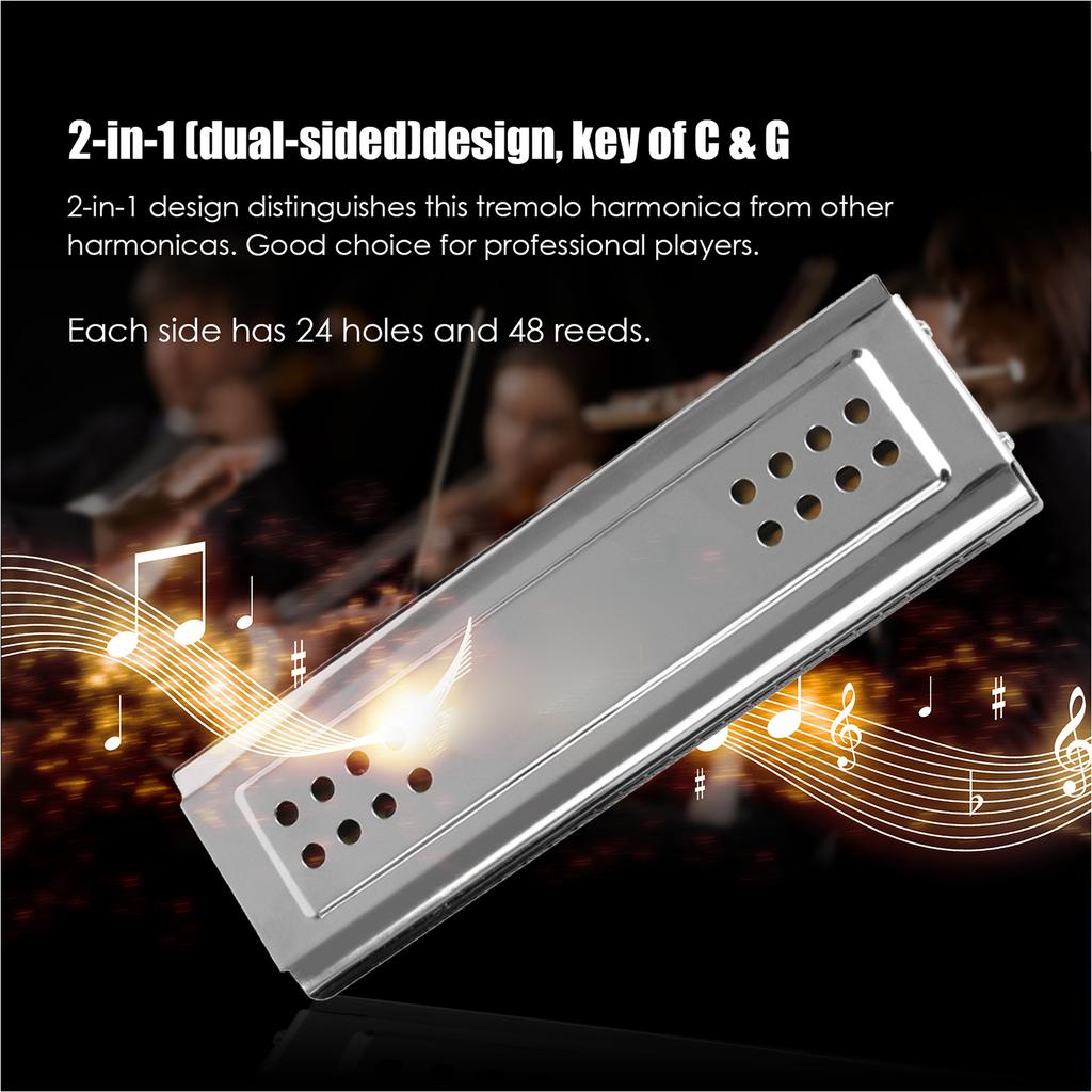 2 In 1 Tremolo Harmonica Mouth Organ Dural Key of C&G 24 Double Holes with 48 Reeds Free Reed Wind Instrument with
