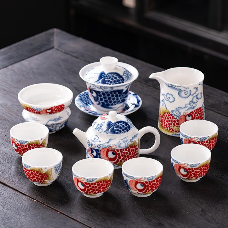 2024 new golden arowana high-end full-color suet jade tea set business souvenir gift housewarming to send friends and leaders