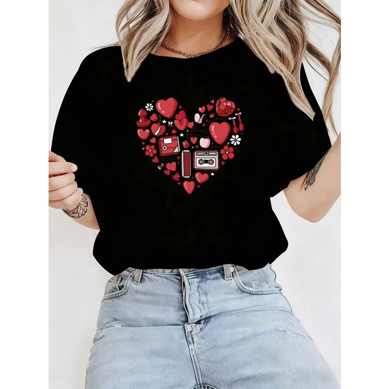 European Size Women's Valentine's Day Love Letter & Floral Print T-Shirt - Short Sleeve Round Neck Casual Blouse