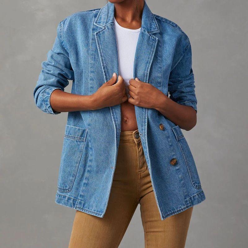 

Denim Suit Jacket European and American Women s Clothing Spring Fashion Leisure Washed-out Blue Denim Suit Outwear Blue XXL
