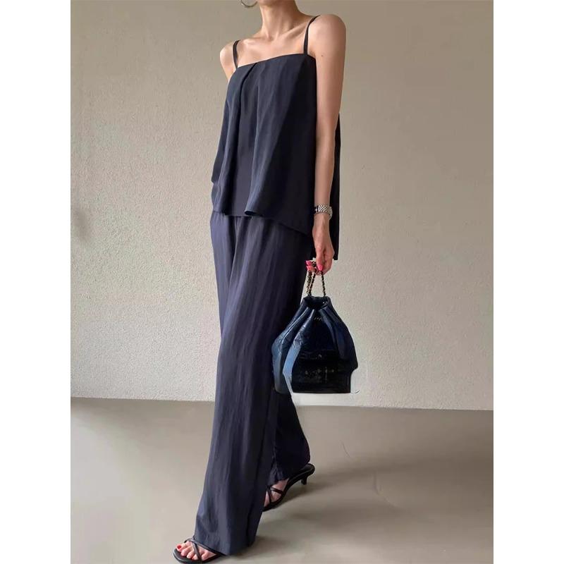 Été Élégant Solide Sexy Plissé Deux Pièces Ensembles Femmes Volants Sans Manches Hauts + Pantalon Large Femme Patchwork Rétro Décontracté Fête Plage Costumes