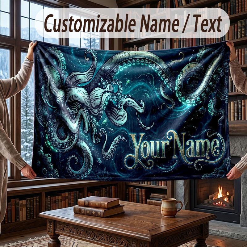 Octopus Sea Life Theme Throw Blanket Custom Name Text Personalized Blanket Soft Cozy Blanket for Home Sofa Bed