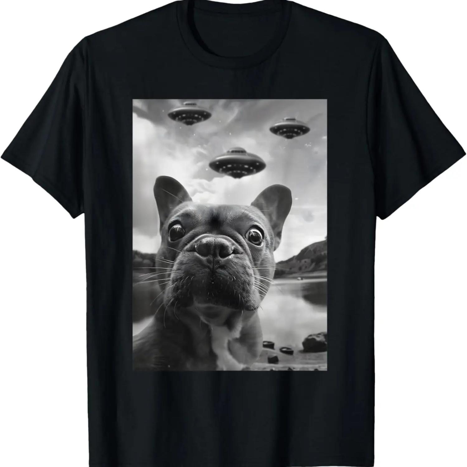 

Funny French Bulldog Selfie with UFOs Weird Puppy Dog T-Shirt XXXXXL чёрный