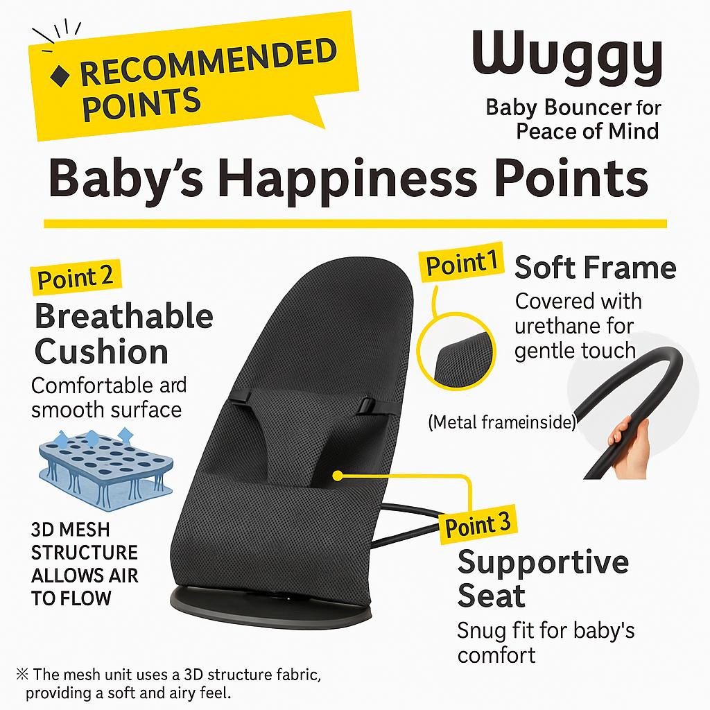 Pigeon Wuggy 2 Baby Bouncer Chair 3D Mesh Portable Lightweight Washable Compact Newborn Rocker Comfortable Seat